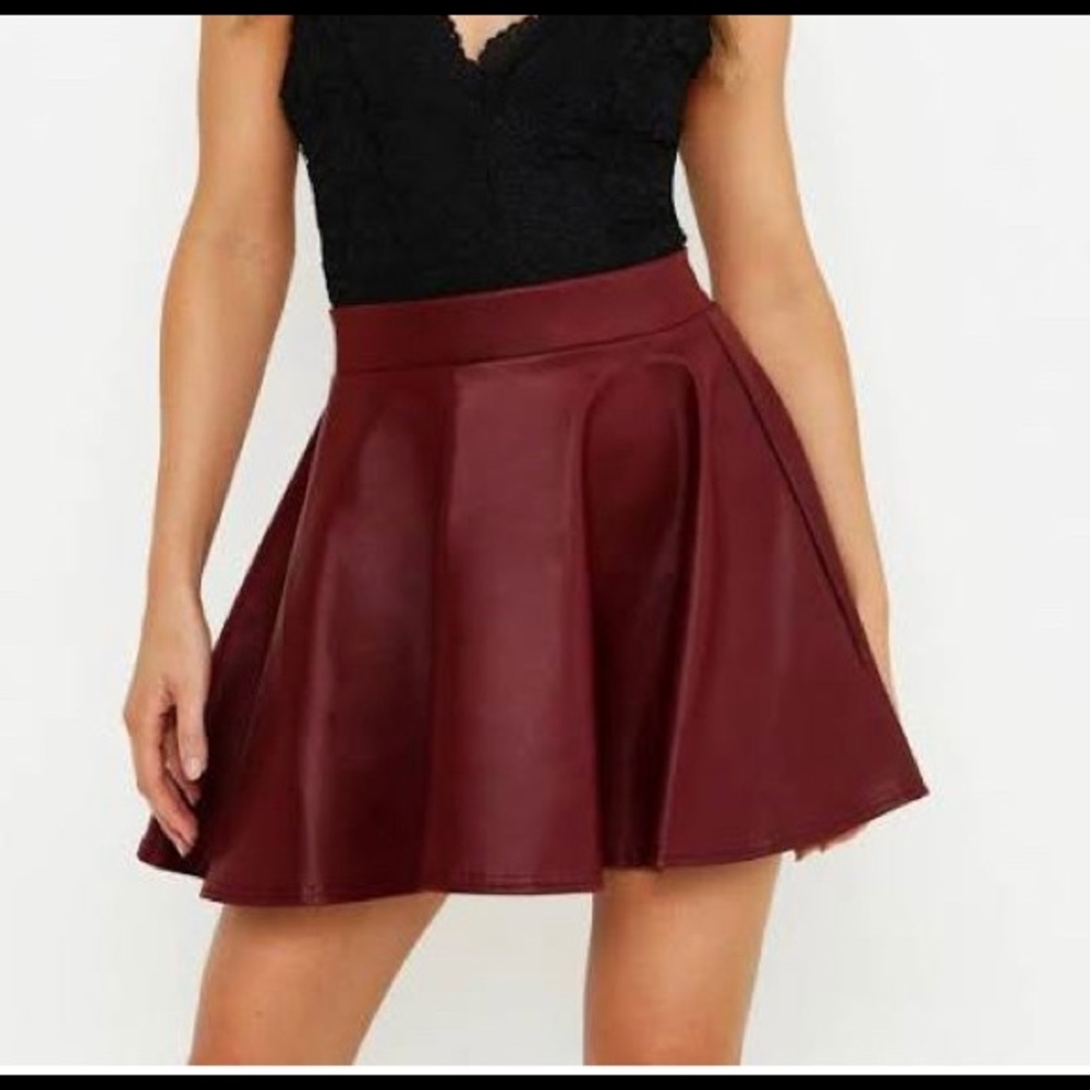 burgundy leather flared skirt